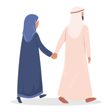 Muslim couple walking by hand in hand Illustration
