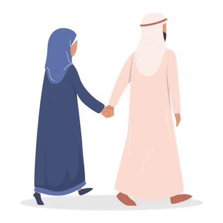 Muslim couple walking by hand in hand  Illustration