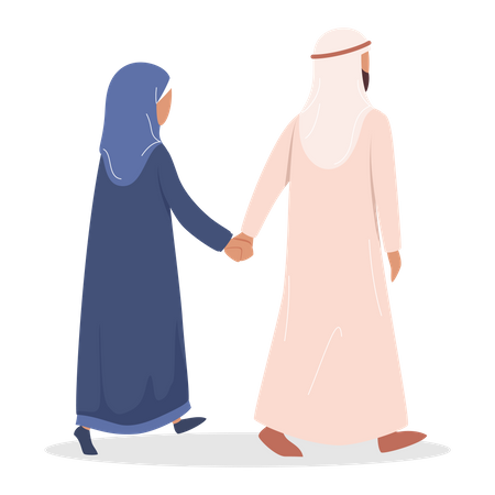 Muslim couple walking by hand in hand  Illustration