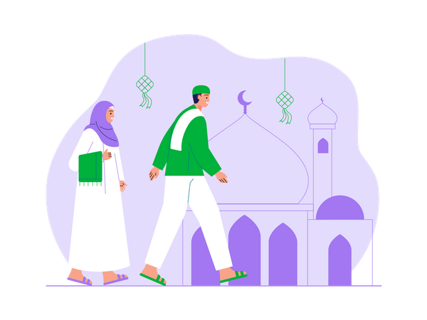 Muslim couple walking in front of mosque  Illustration