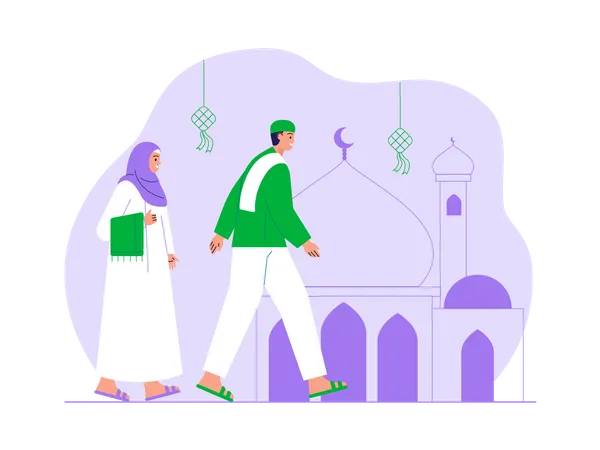 Muslim couple walking in front of mosque  Illustration