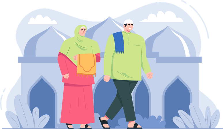 Muslim couple walking to mosque  Illustration