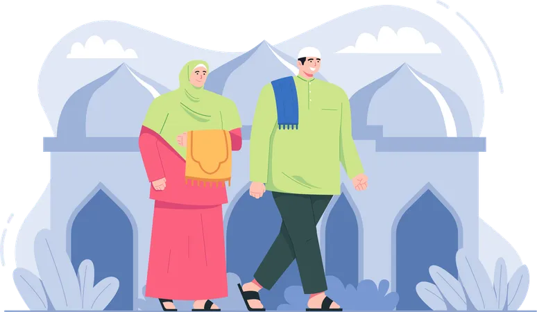 Muslim couple walking to mosque  Illustration