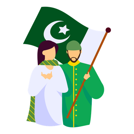 Muslim Couple Waving Flag and Praying together  Illustration