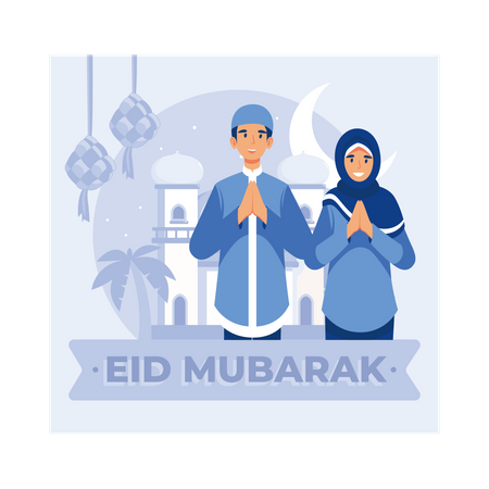 Muslim couple wishing Eid Mubarak  Illustration