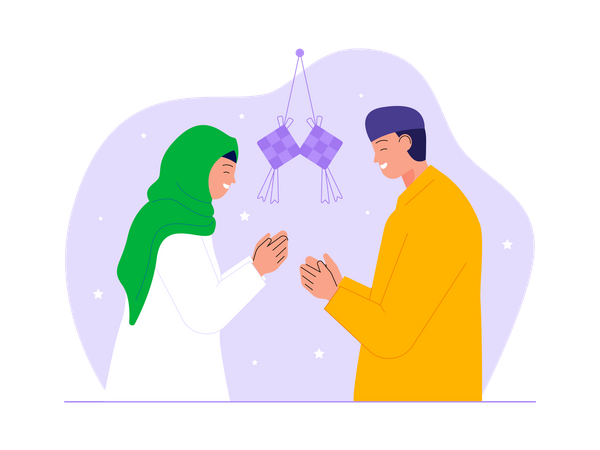 Muslim couple wishing Happy Eid al fitr to each other  Illustration