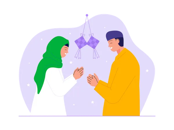 Muslim couple wishing Happy Eid al fitr to each other  Illustration