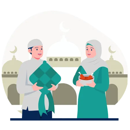 Muslim couple with ketupat and food  Illustration