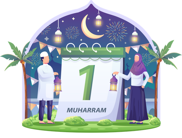 Muslim couples celebrating Islamic New Year  Illustration