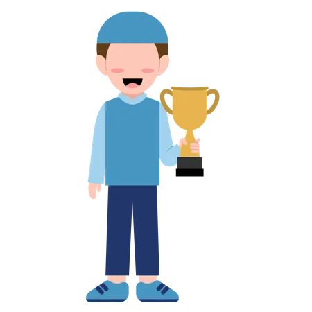 Muslim cute boy holding trophy cup Illustration