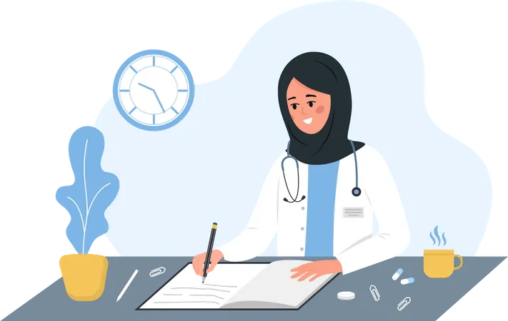 Muslim doctor writing medical prescription  Illustration