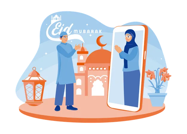 Muslim families are making video calls during the pandemic  Ilustración
