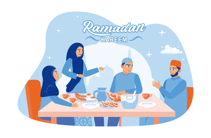 Muslim Families Break The Fast Together During The Month Of Ramadan  일러스트레이션