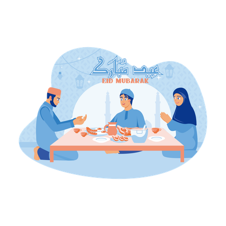 Muslim families gathered together at the dinner table  Ilustração