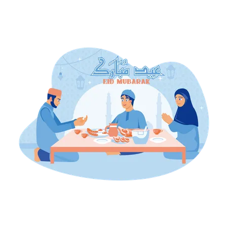 Muslim families gathered together at the dinner table  Illustration