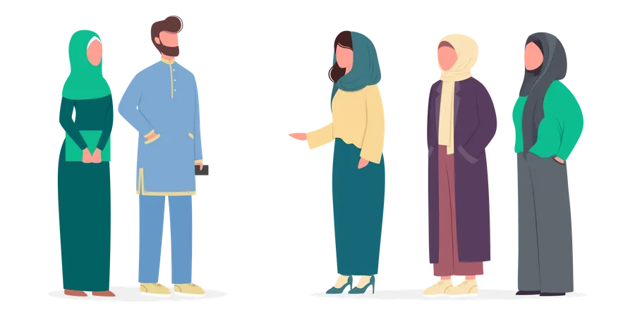 Modern Muslim People Talk To Each Other Arabian People Wearing Traditional Clothes Arabian Man And Woman In Different Straditional Clothes Man Wearing Headscarf Islam Religion Vector Illustration Illustration