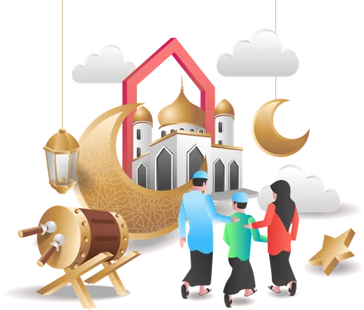 Muslim family at masjid Illustration