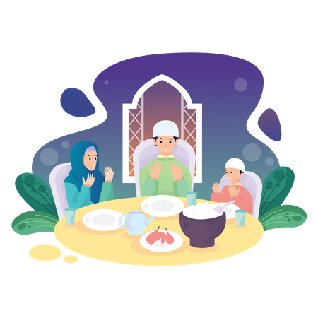 Muslim family Breakfasting  일러스트레이션