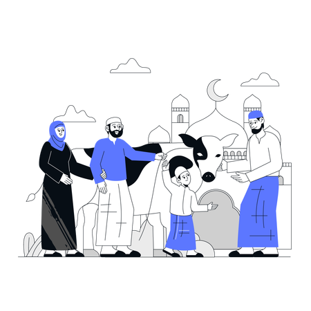 Muslim family bring Qurban to Mosque  Illustration