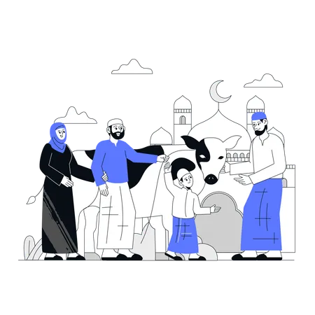Muslim Family Bring Qurban To Mosque Illustration
