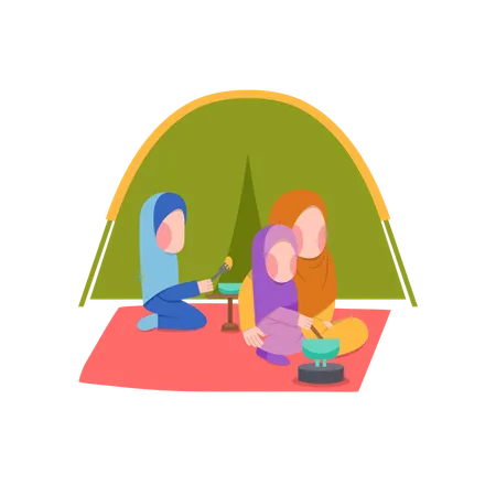 Muslim Family Camping  Illustration