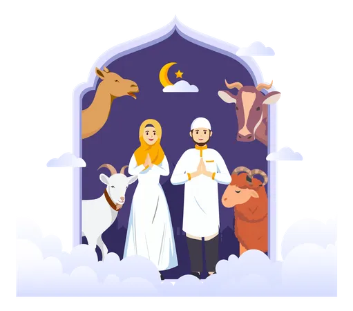 Happy Muslim Family Celebrates Eid Al Adha Mubarak Flat Vector Template Illustration Illustration