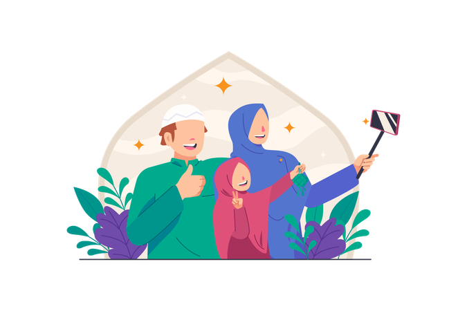Muslim Family Celebrate Eid Al Fitr  Illustration