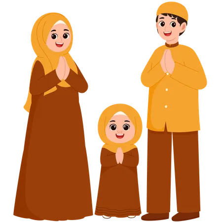 Muslim Family Celebrate Eid Al-Fitr Mubarak  Illustration