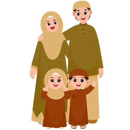 Muslim Family Celebrate Eid Al-Fitr Mubarak  Illustration