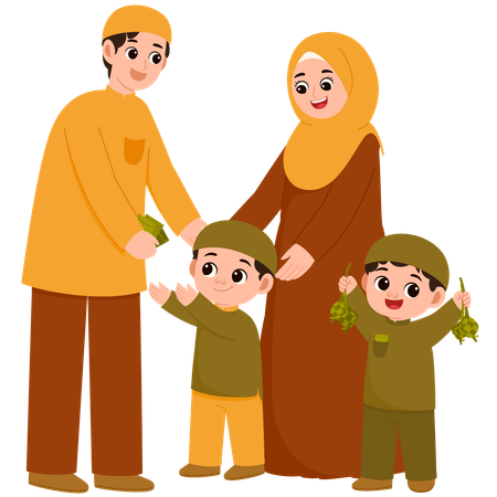 Muslim Family Celebrate Eid Al-Fitr Mubarak  Illustration