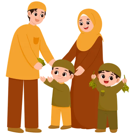 Muslim Family Celebrate Eid Al-Fitr Mubarak  Illustration