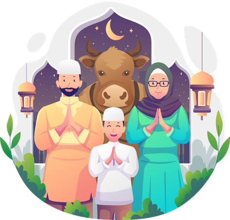 Muslim Family Celebrates Eid Al Adha Illustration