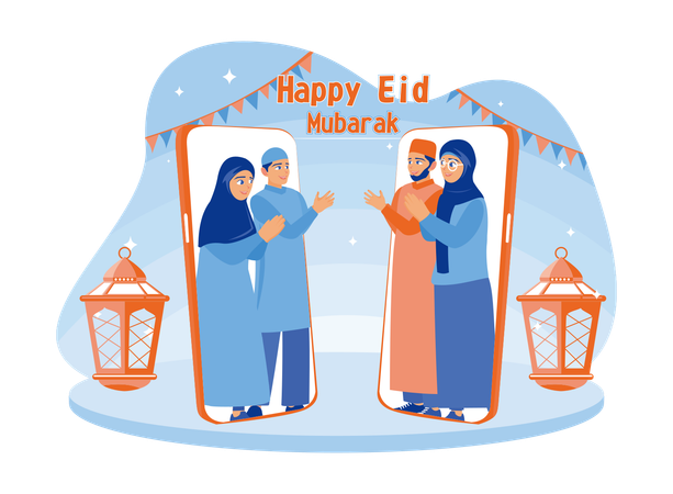 Muslim family celebrates Eid al Fitr happily  Ilustración