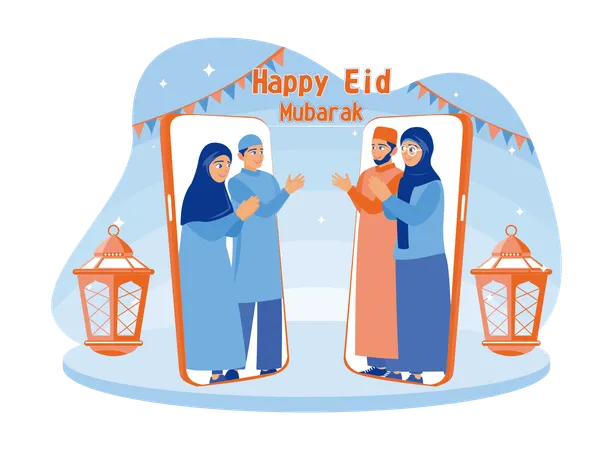 Muslim family celebrates Eid al Fitr happily  Ilustración