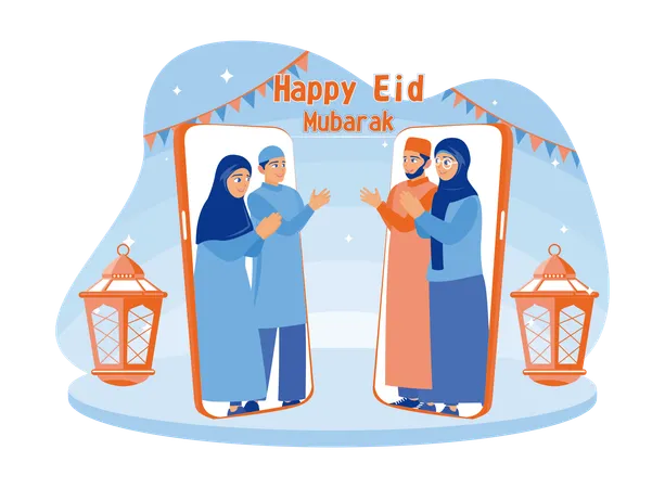 Muslim family celebrates Eid al Fitr happily  Illustration