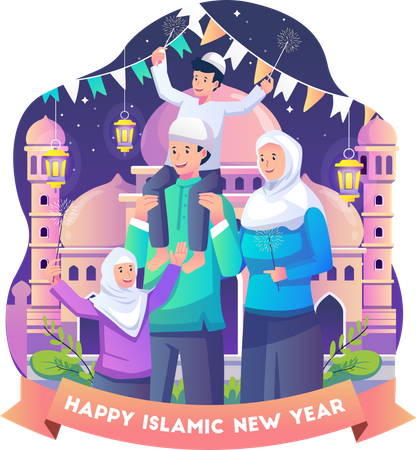Muslim Family celebrates Islamic New Year Illustration