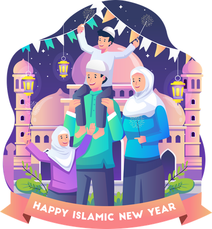 Muslim Family celebrates Islamic New Year  Illustration