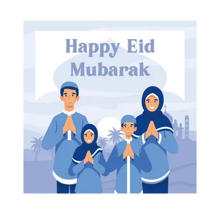 Muslim family celebrating Eid al-fitr Illustration