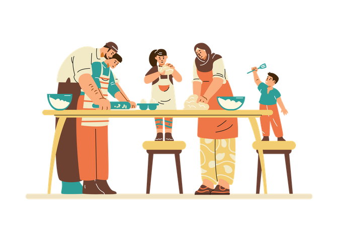 Muslim family cooking  Illustration