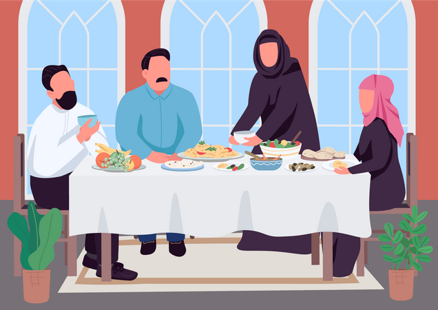 Muslim family dinner  イラスト
