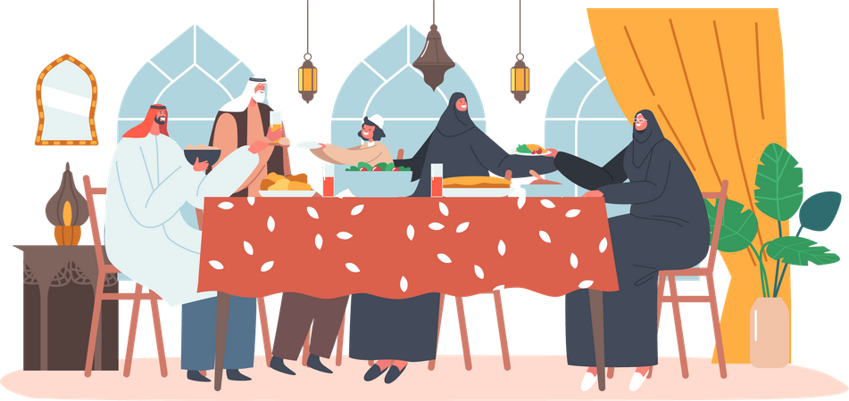 Muslim Family Dinner Together Illustration