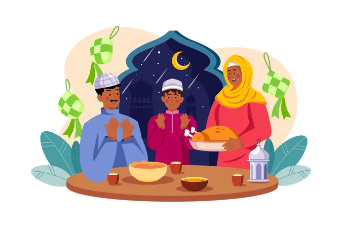 Muslim Family doing Eid prayer doing dinner  Illustration