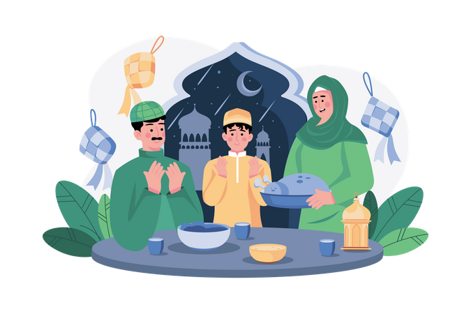 Muslim Family doing Eid prayer doing dinner  Illustration