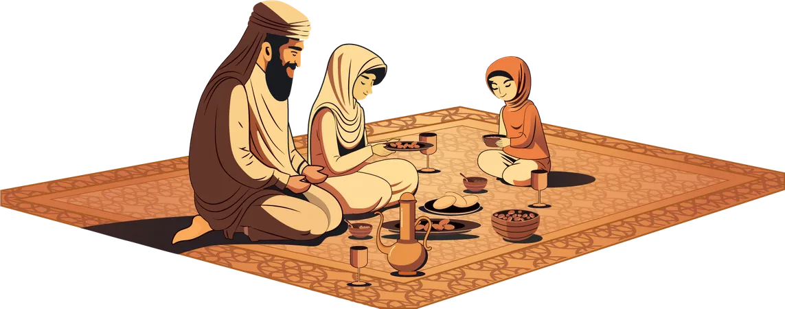 Muslim Family doing Eid prayer doing dinner  Illustration