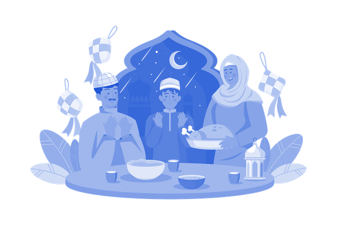 Muslim Family Doing Eid Prayer Doing Dinner  Illustration