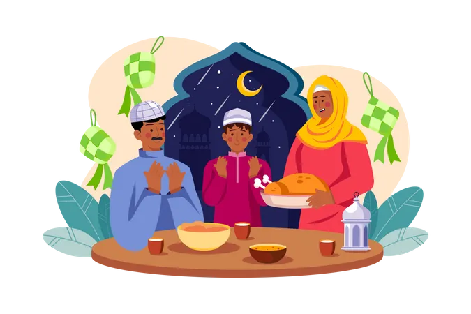Muslim Family doing Eid prayer doing dinner Illustration