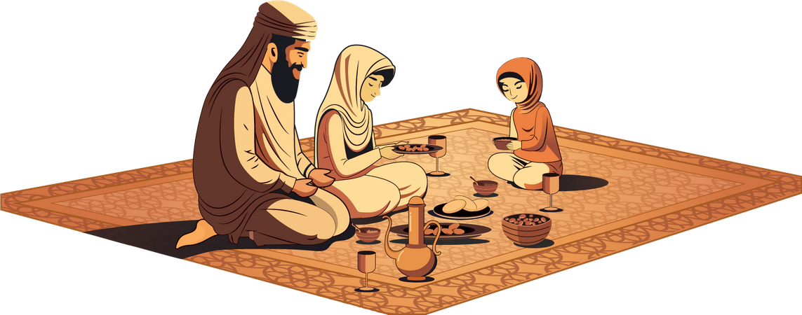 Muslim Family doing Eid prayer doing dinner  Illustration