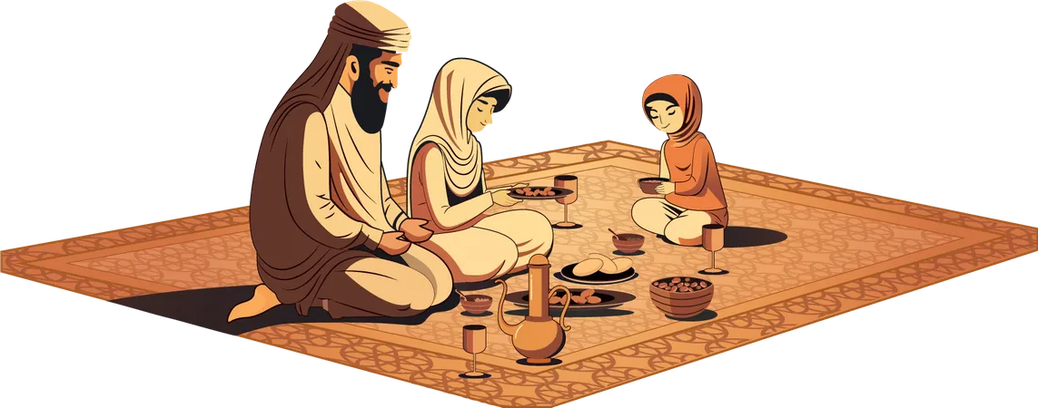 Muslim Family doing Eid prayer doing dinner Illustration