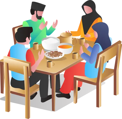 Muslim family doing iftar dinner Illustration