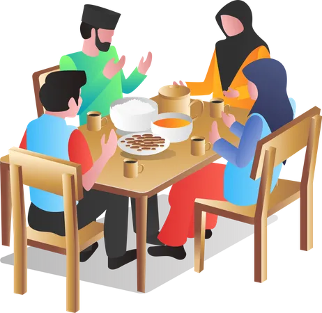 Muslim family doing iftar dinner  Illustration